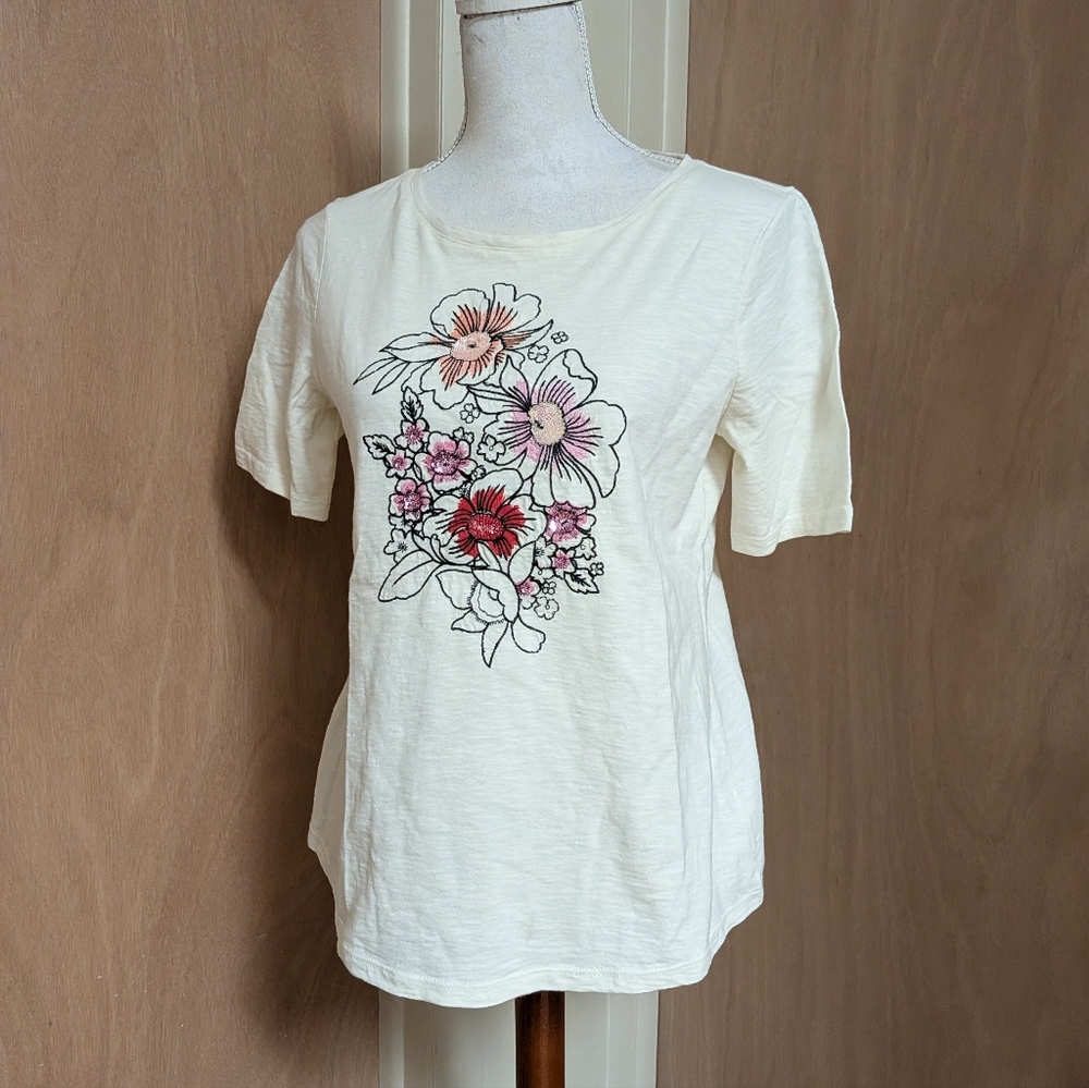 Talbots Petite Floral Cotton Tee 🌸 Cream Short Sleeve Top PM